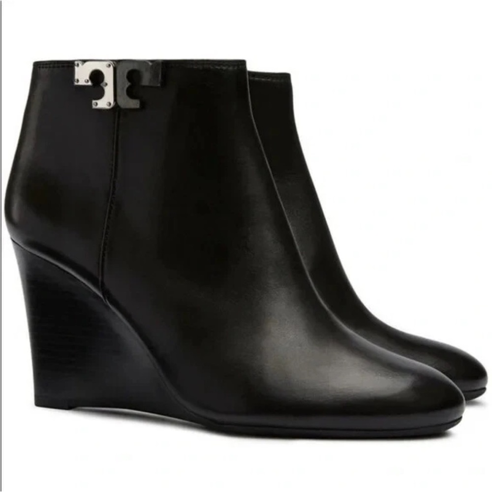 Tory Burch Leather Lowell Wedge Bootie Black Size 7 MSRP $448